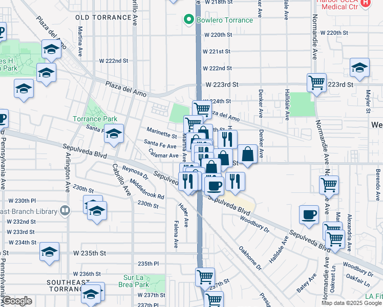 map of restaurants, bars, coffee shops, grocery stores, and more near in Los Angeles