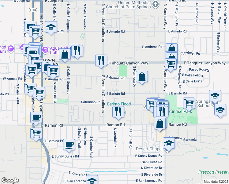 map of restaurants, bars, coffee shops, grocery stores, and more near South Villorrio Drive in Palm Springs