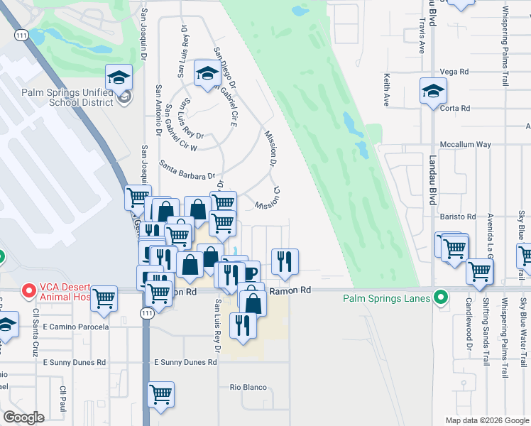 map of restaurants, bars, coffee shops, grocery stores, and more near 67325 Mission Ct in Cathedral City