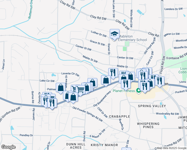 map of restaurants, bars, coffee shops, grocery stores, and more near 1145 Vonda Lane Southwest in Mableton