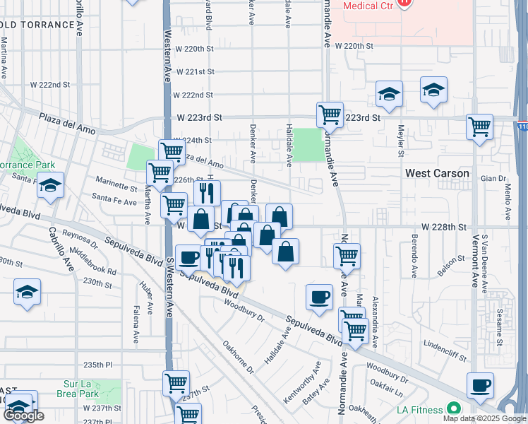 map of restaurants, bars, coffee shops, grocery stores, and more near 1444 West 227th Street in Torrance