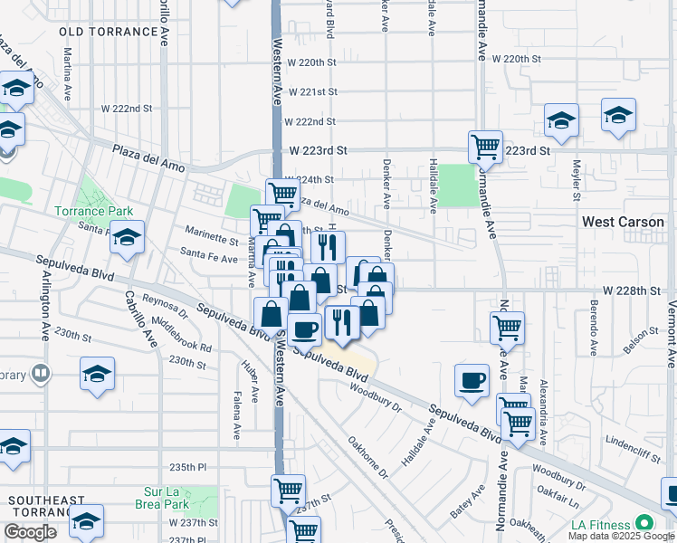 map of restaurants, bars, coffee shops, grocery stores, and more near 22720 Harvard Boulevard in Torrance