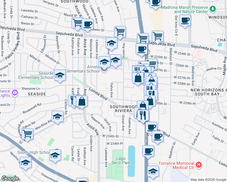 map of restaurants, bars, coffee shops, grocery stores, and more near 22908 Galva Avenue in Torrance