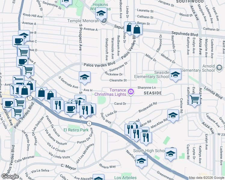 map of restaurants, bars, coffee shops, grocery stores, and more near 5426 Sharynne Lane in Torrance