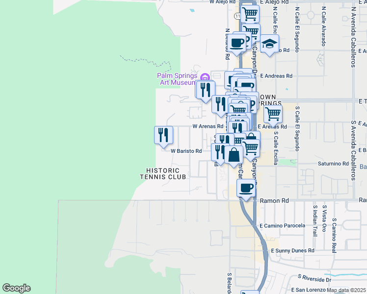 map of restaurants, bars, coffee shops, grocery stores, and more near 333 South Patencio Road in Palm Springs