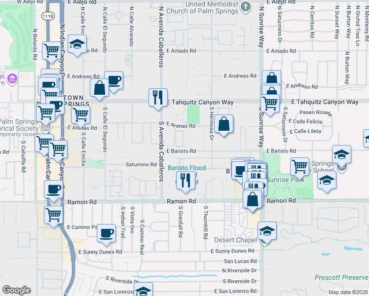 map of restaurants, bars, coffee shops, grocery stores, and more near 1045 Villorrio Drive South in Palm Springs