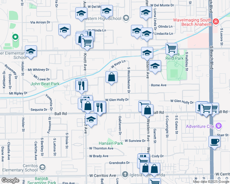 map of restaurants, bars, coffee shops, grocery stores, and more near 3335 West Glen Holly Drive in Anaheim