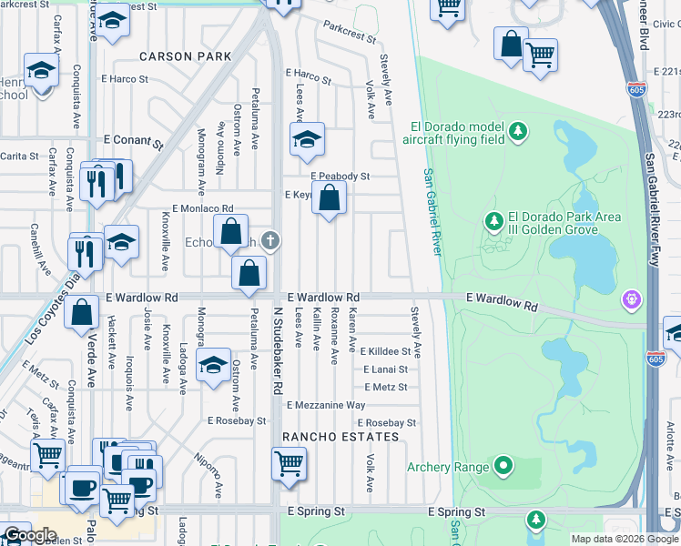 map of restaurants, bars, coffee shops, grocery stores, and more near 3403 Roxanne Avenue in Long Beach