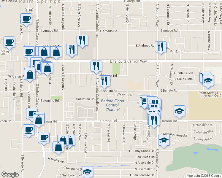 map of restaurants, bars, coffee shops, grocery stores, and more near 1045 Villorrio Drive South in Palm Springs