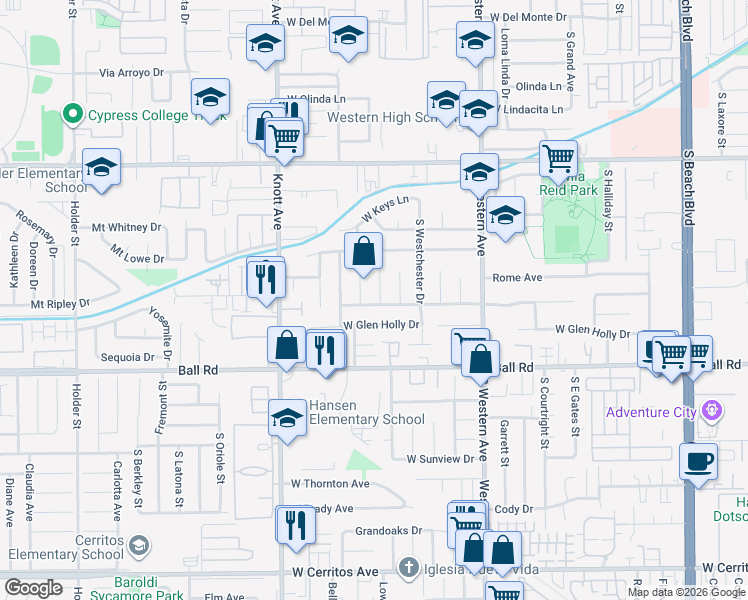 map of restaurants, bars, coffee shops, grocery stores, and more near 833 South Kouri Lane in Anaheim