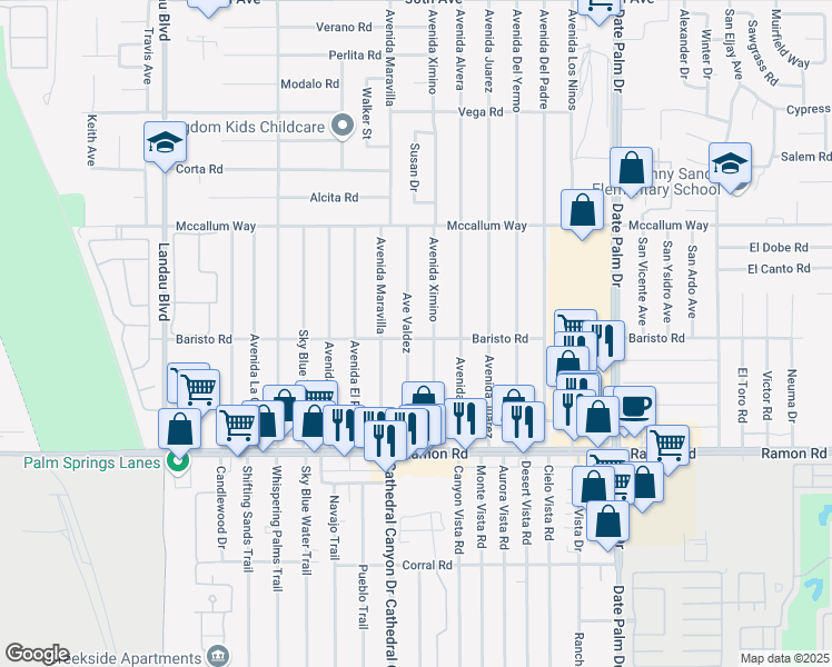 map of restaurants, bars, coffee shops, grocery stores, and more near 31490 Avenida Valdez in Cathedral City