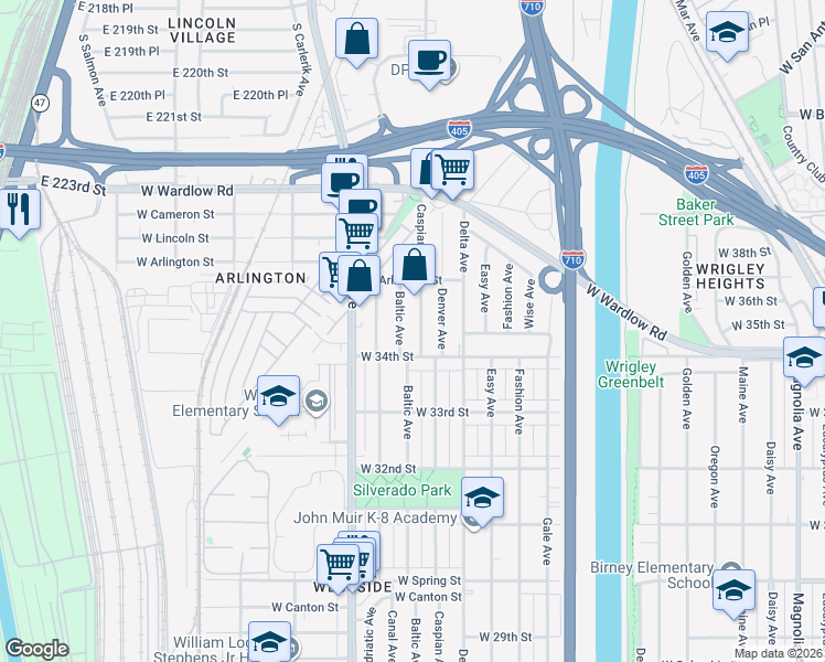 map of restaurants, bars, coffee shops, grocery stores, and more near 3402 Baltic Avenue in Long Beach