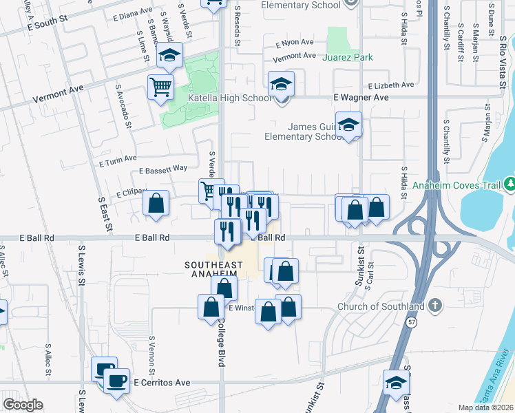map of restaurants, bars, coffee shops, grocery stores, and more near 2109 East Almont Avenue in Anaheim