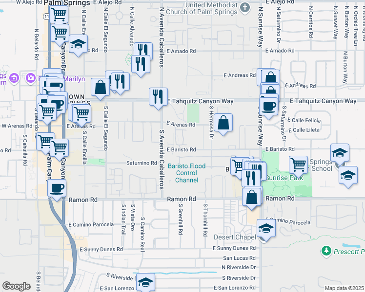 map of restaurants, bars, coffee shops, grocery stores, and more near South Villorrio Drive in Palm Springs