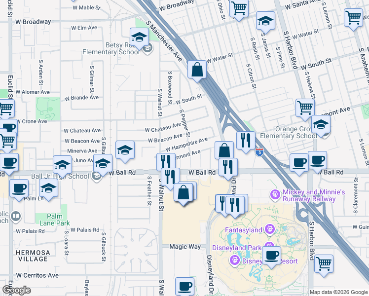 map of restaurants, bars, coffee shops, grocery stores, and more near 1178 West Beacon Avenue in Anaheim