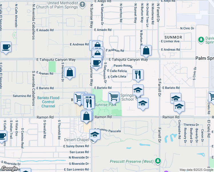 map of restaurants, bars, coffee shops, grocery stores, and more near 1945 East Calle Lileta in Palm Springs
