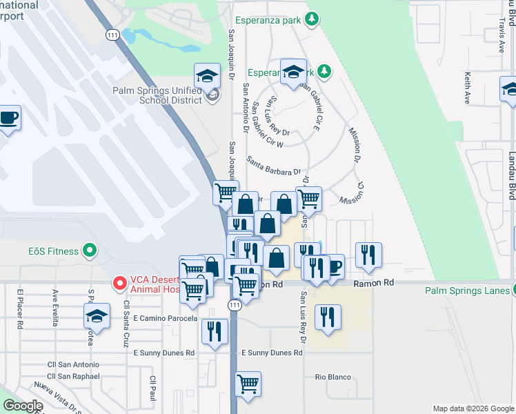 map of restaurants, bars, coffee shops, grocery stores, and more near 31390 San Antonio Drive in Cathedral City