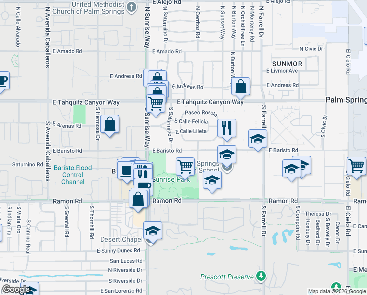 map of restaurants, bars, coffee shops, grocery stores, and more near 1962 East Baristo Road in Palm Springs