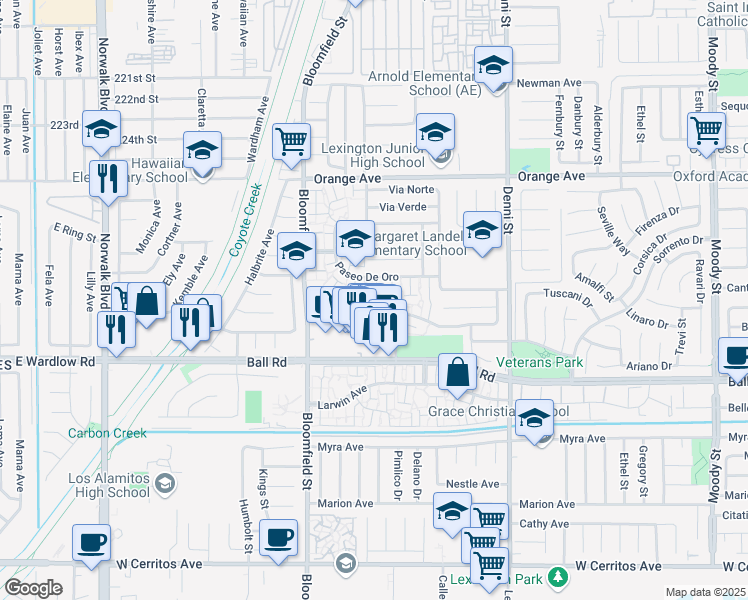 map of restaurants, bars, coffee shops, grocery stores, and more near 9820 Via Sonoma in Cypress