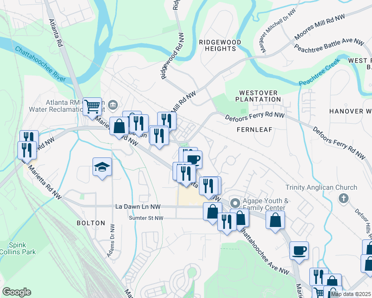 map of restaurants, bars, coffee shops, grocery stores, and more near 2411 Coronet Way Northwest in Atlanta