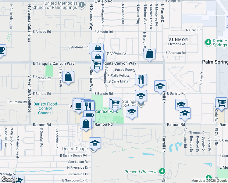 map of restaurants, bars, coffee shops, grocery stores, and more near 1962 East Baristo Road in Palm Springs