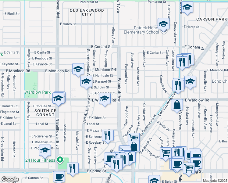 map of restaurants, bars, coffee shops, grocery stores, and more near 5849 East Gossamer Street in Long Beach