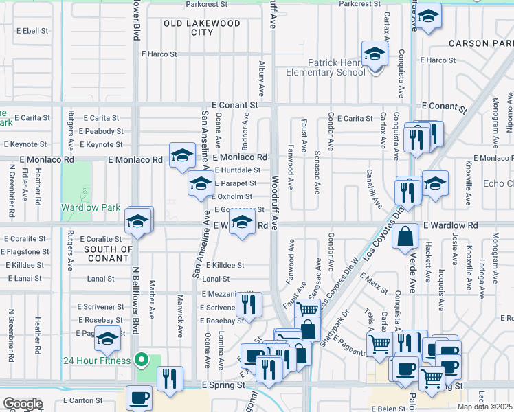 map of restaurants, bars, coffee shops, grocery stores, and more near 5837 East Gossamer Street in Long Beach