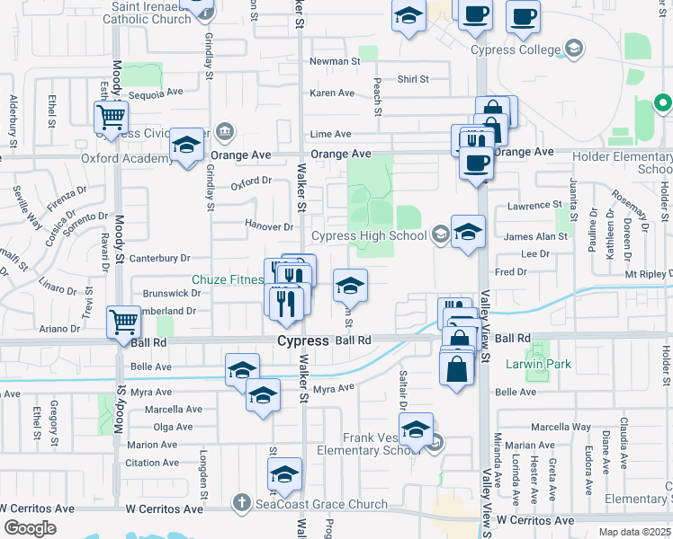 map of restaurants, bars, coffee shops, grocery stores, and more near 9788 Cedar Court in Cypress