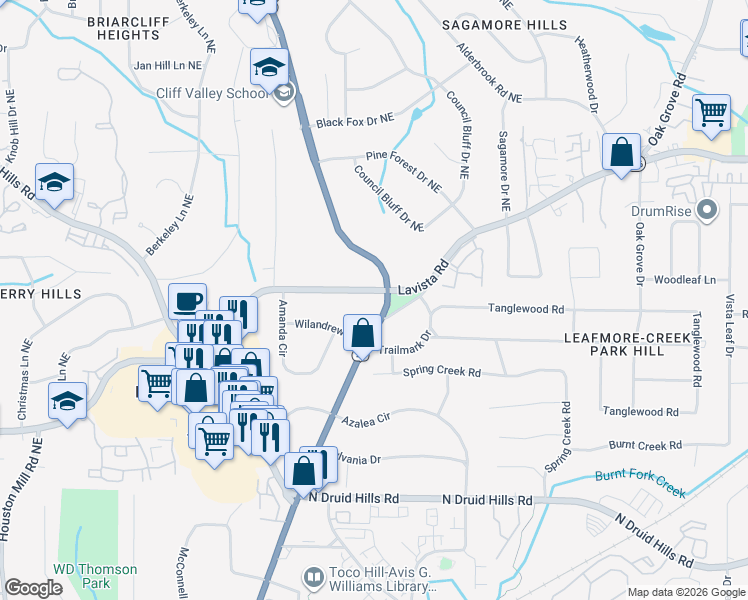 map of restaurants, bars, coffee shops, grocery stores, and more near 2447 Lavista Road Northeast in Atlanta