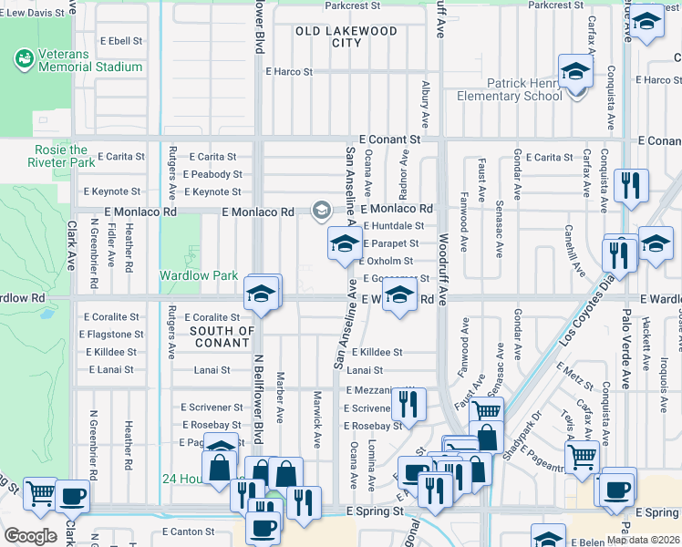 map of restaurants, bars, coffee shops, grocery stores, and more near 5610 East Monlaco Road in Long Beach