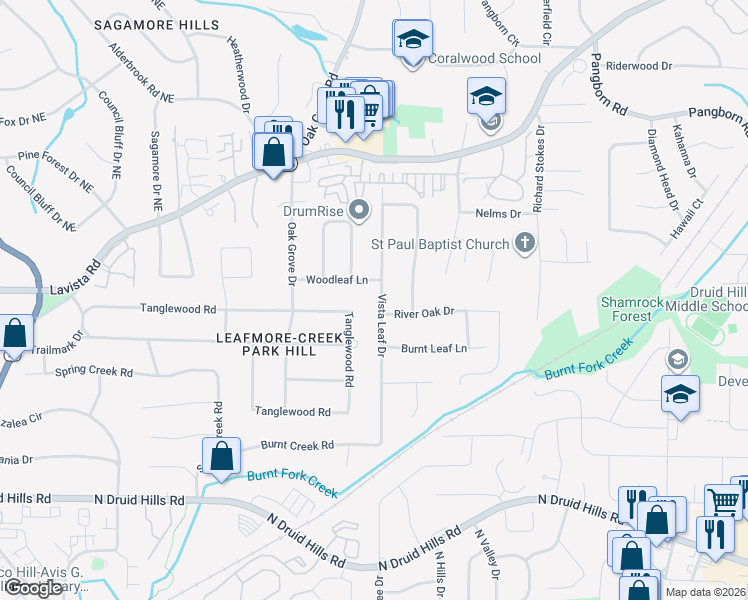 map of restaurants, bars, coffee shops, grocery stores, and more near 1356 Vista Leaf Drive in Decatur