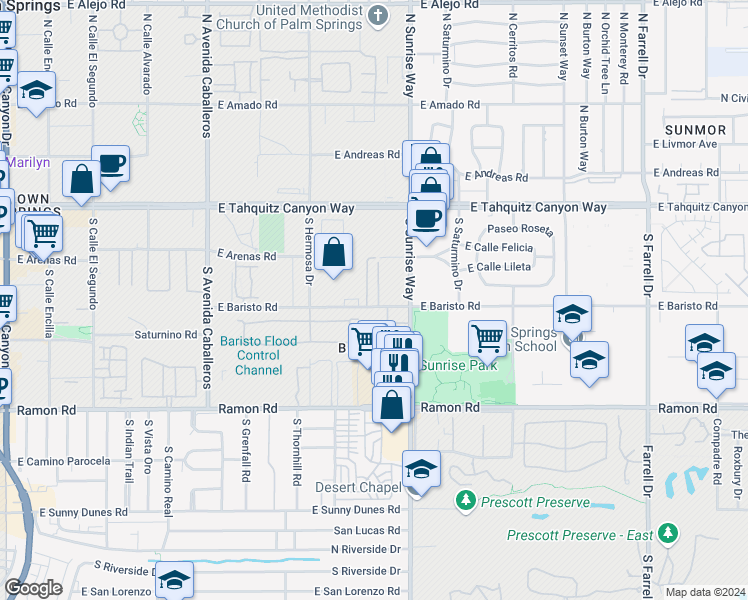 map of restaurants, bars, coffee shops, grocery stores, and more near 1502 East Baristo Road in Palm Springs