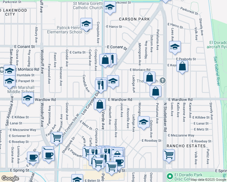 map of restaurants, bars, coffee shops, grocery stores, and more near in Long Beach