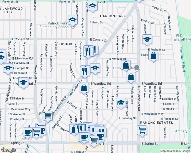 map of restaurants, bars, coffee shops, grocery stores, and more near in Long Beach