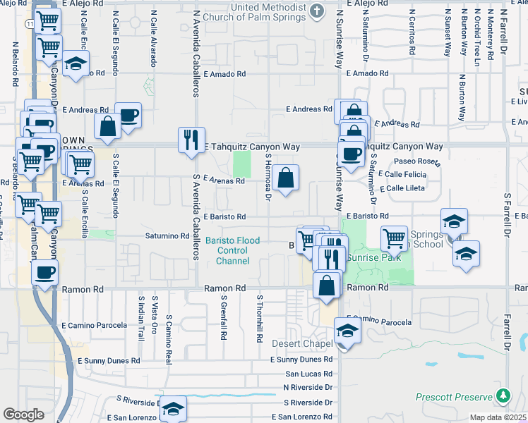 map of restaurants, bars, coffee shops, grocery stores, and more near 295 South Hermosa Drive in Palm Springs