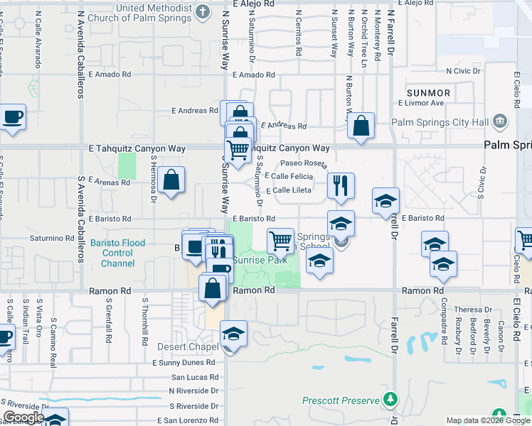 map of restaurants, bars, coffee shops, grocery stores, and more near 1945 East Calle Lileta in Palm Springs