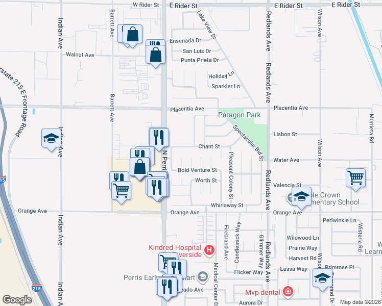 map of restaurants, bars, coffee shops, grocery stores, and more near 2689 Genuine Risk Street in Perris