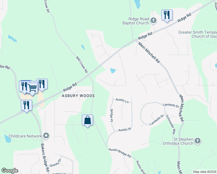 map of restaurants, bars, coffee shops, grocery stores, and more near 433 Ridge Run Drive in Hiram