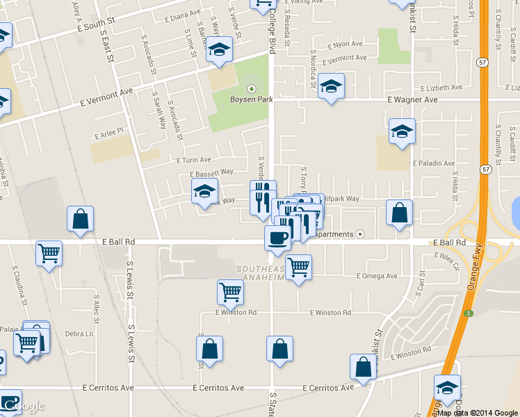 map of restaurants, bars, coffee shops, grocery stores, and more near in Anaheim