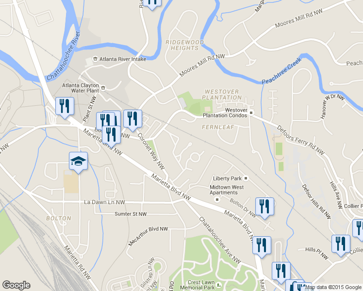 map of restaurants, bars, coffee shops, grocery stores, and more near 2788 Defoors Ferry Road Northwest in Atlanta