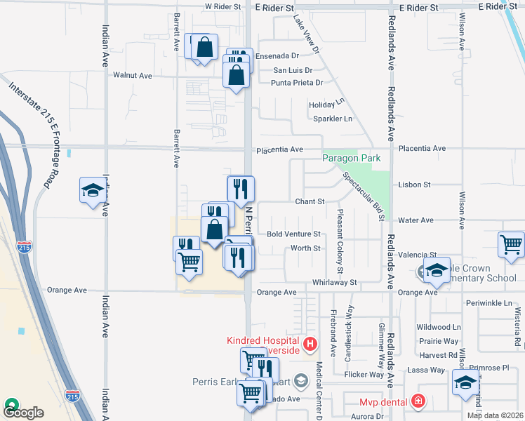 map of restaurants, bars, coffee shops, grocery stores, and more near 2641 20 Grand Street in Perris
