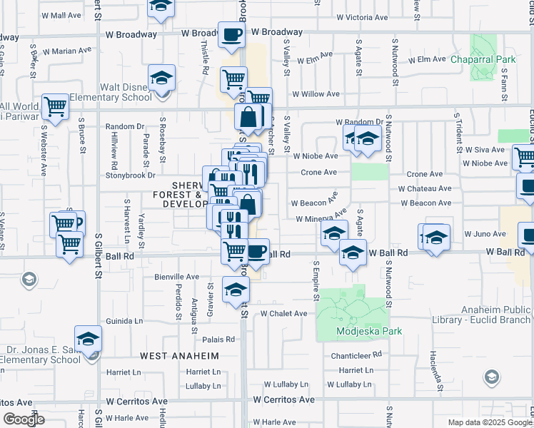 map of restaurants, bars, coffee shops, grocery stores, and more near 2153 West Churchill Circle in Anaheim
