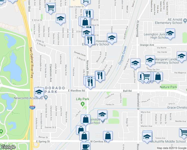 map of restaurants, bars, coffee shops, grocery stores, and more near 8110 East Topia Street in Long Beach