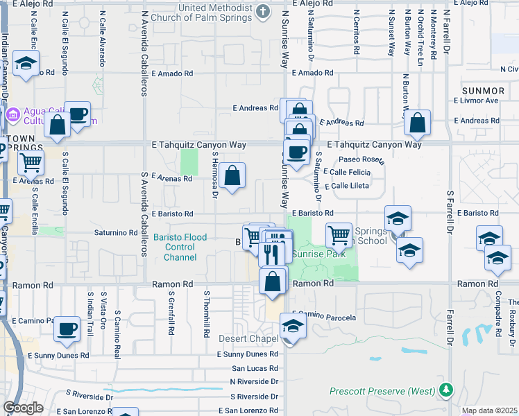 map of restaurants, bars, coffee shops, grocery stores, and more near 1498 East Baristo Road in Palm Springs