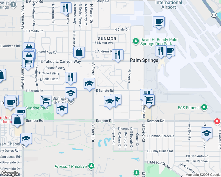 map of restaurants, bars, coffee shops, grocery stores, and more near 187 Vibe Way in Palm Springs