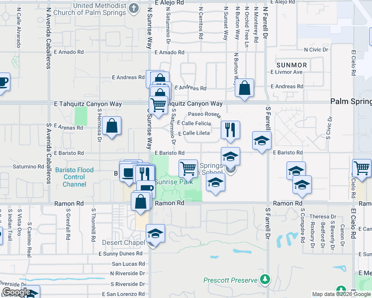 map of restaurants, bars, coffee shops, grocery stores, and more near 2020 East Paseo Gracia in Palm Springs