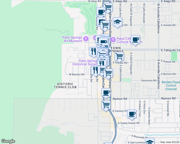 map of restaurants, bars, coffee shops, grocery stores, and more near 220 South Cahuilla Road in Palm Springs