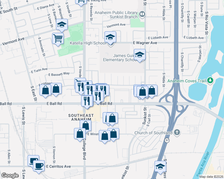 map of restaurants, bars, coffee shops, grocery stores, and more near 1136 South Evening Star Drive in Anaheim