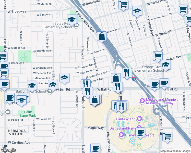 map of restaurants, bars, coffee shops, grocery stores, and more near 1178 West Beacon Avenue in Anaheim