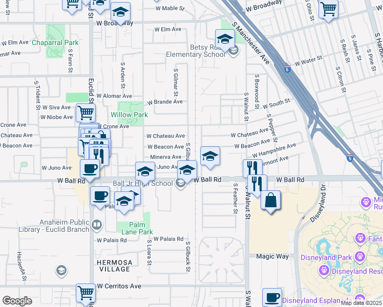 map of restaurants, bars, coffee shops, grocery stores, and more near 832 South Gilbuck Drive in Anaheim